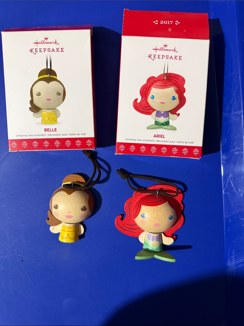 NIB Hallmark Wooden Belle & Ariel Hanging Ornaments - Yellow, Red, Green